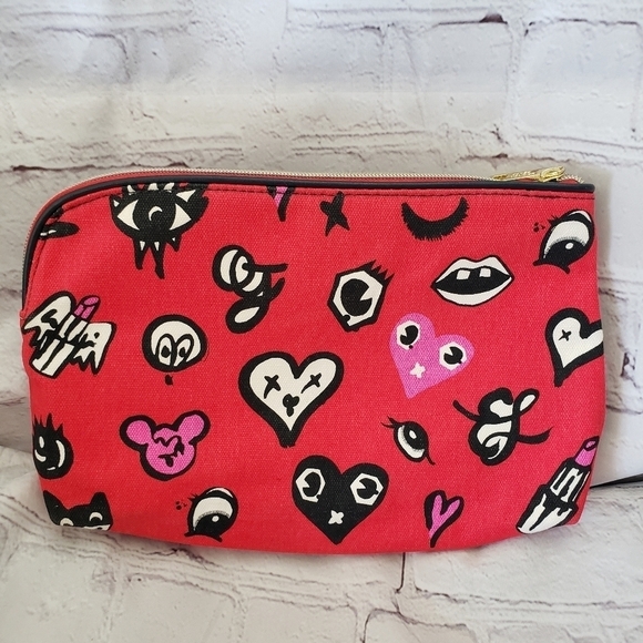 Estee Lauder X Quentin Jones Make-up Bag Red Heart Eye Lip Print Gold Top Zip - Picture 2 of 7